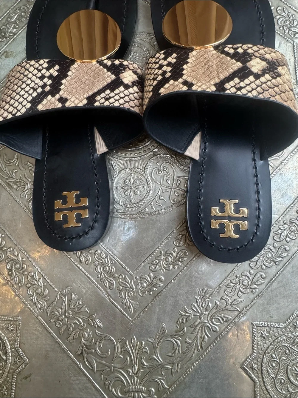 Tory Burch Snake-Print Disk Strap Gold Sandals